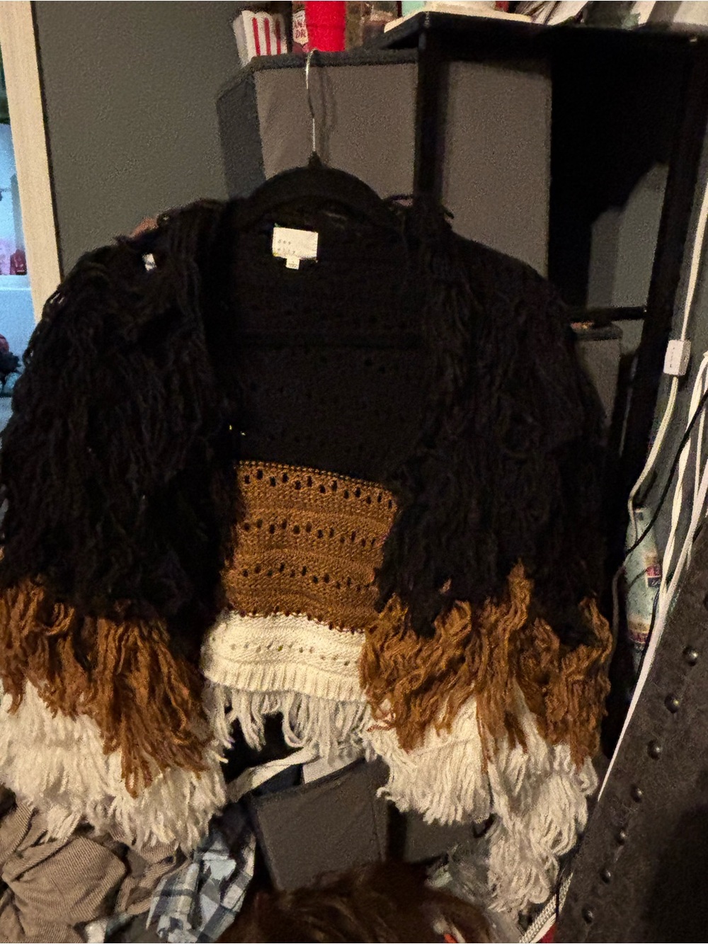Fringed Open-Front Knit Shrug in Black, Brown & Cream